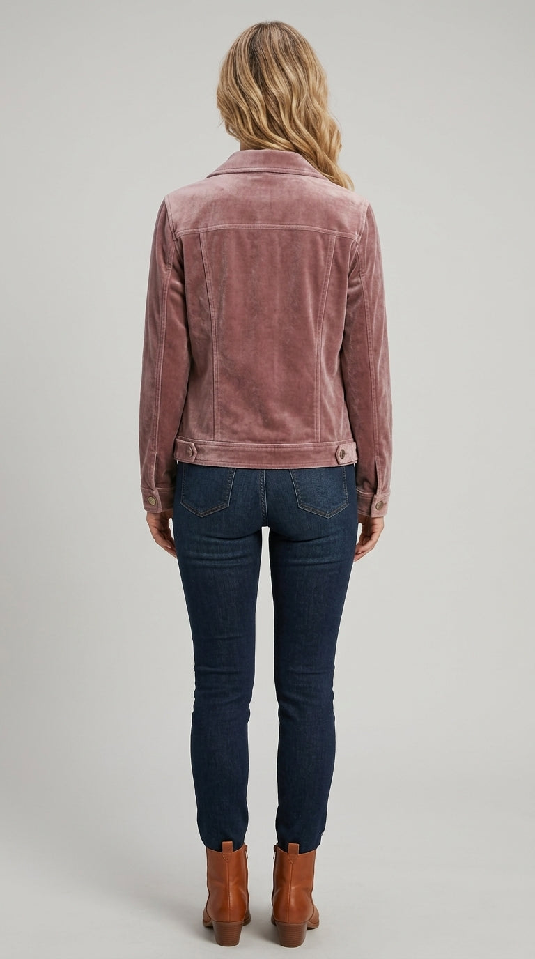 Rosalind Velvet Jacket in Mauve - Classic Collar Trucker Jacket