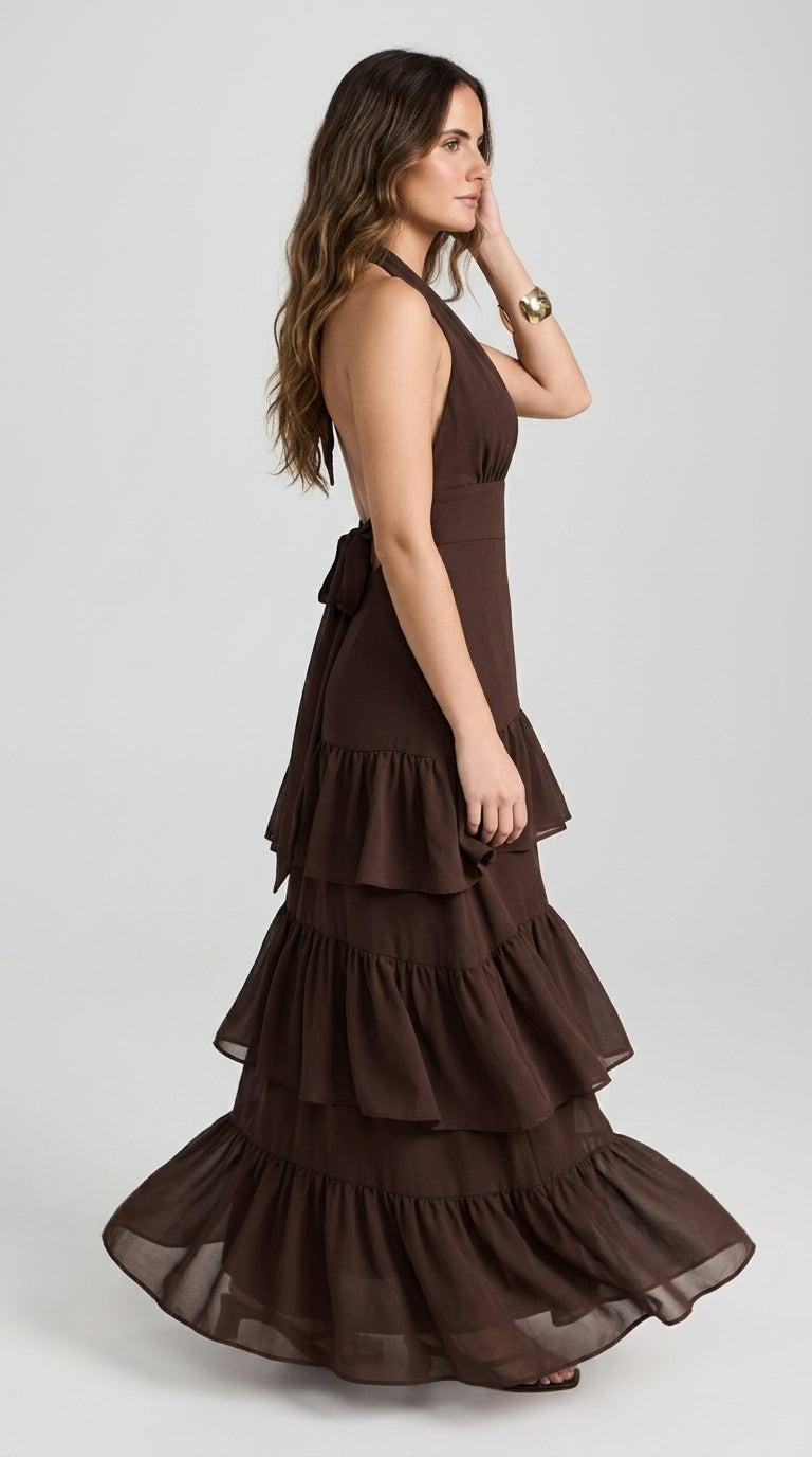 Manila Dress in Brown - Halter Tiered Ruffle Maxi Dress
