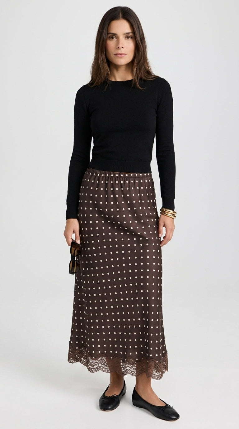 Polka Dot Satin Skirt with Lace Detail in Dark Brown - Elastic Waist Lace-Trim Maxi Skirt