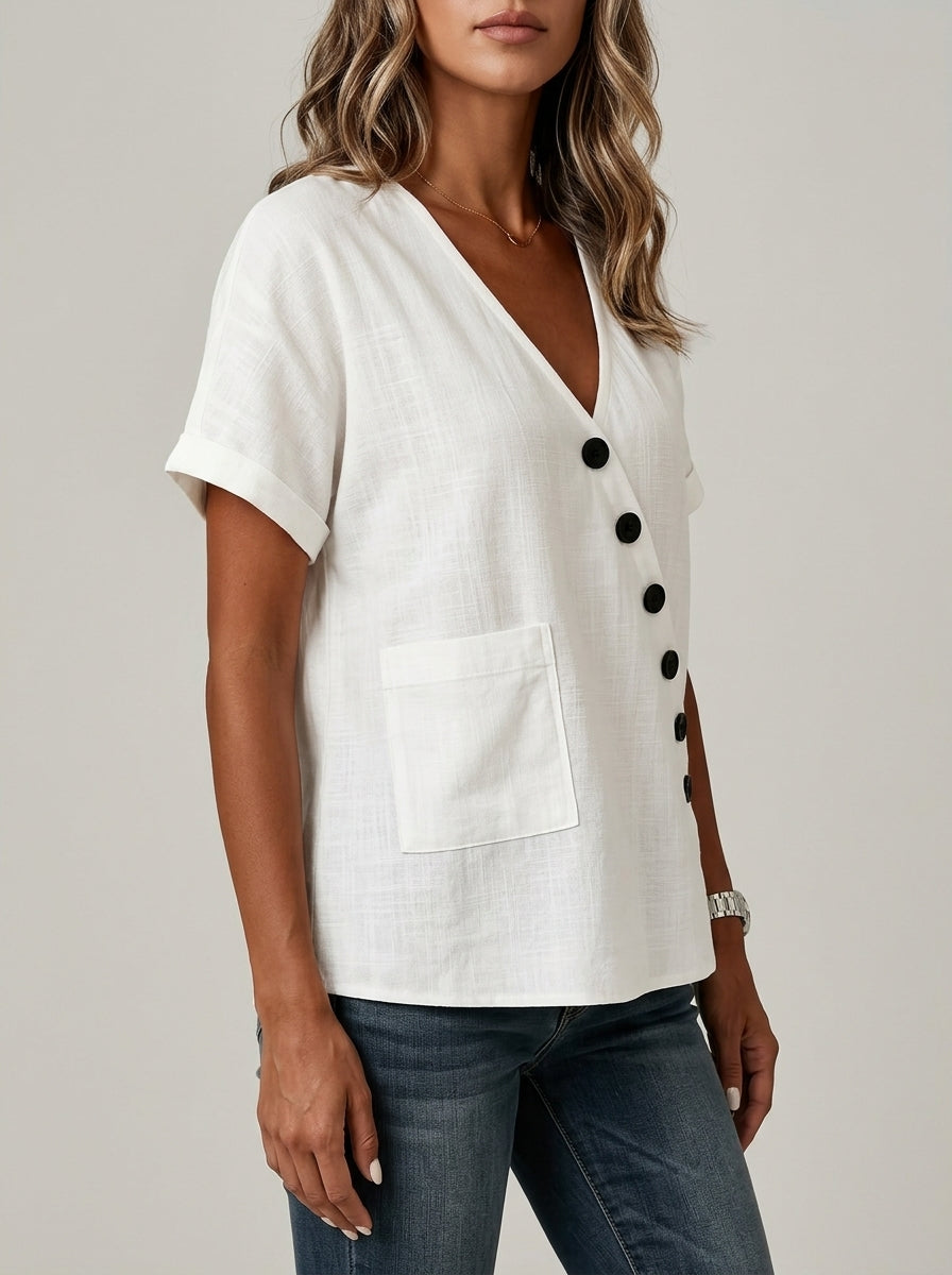 White Asymmetric Button Blouse - V-Neck Patch Pocket Casual Top