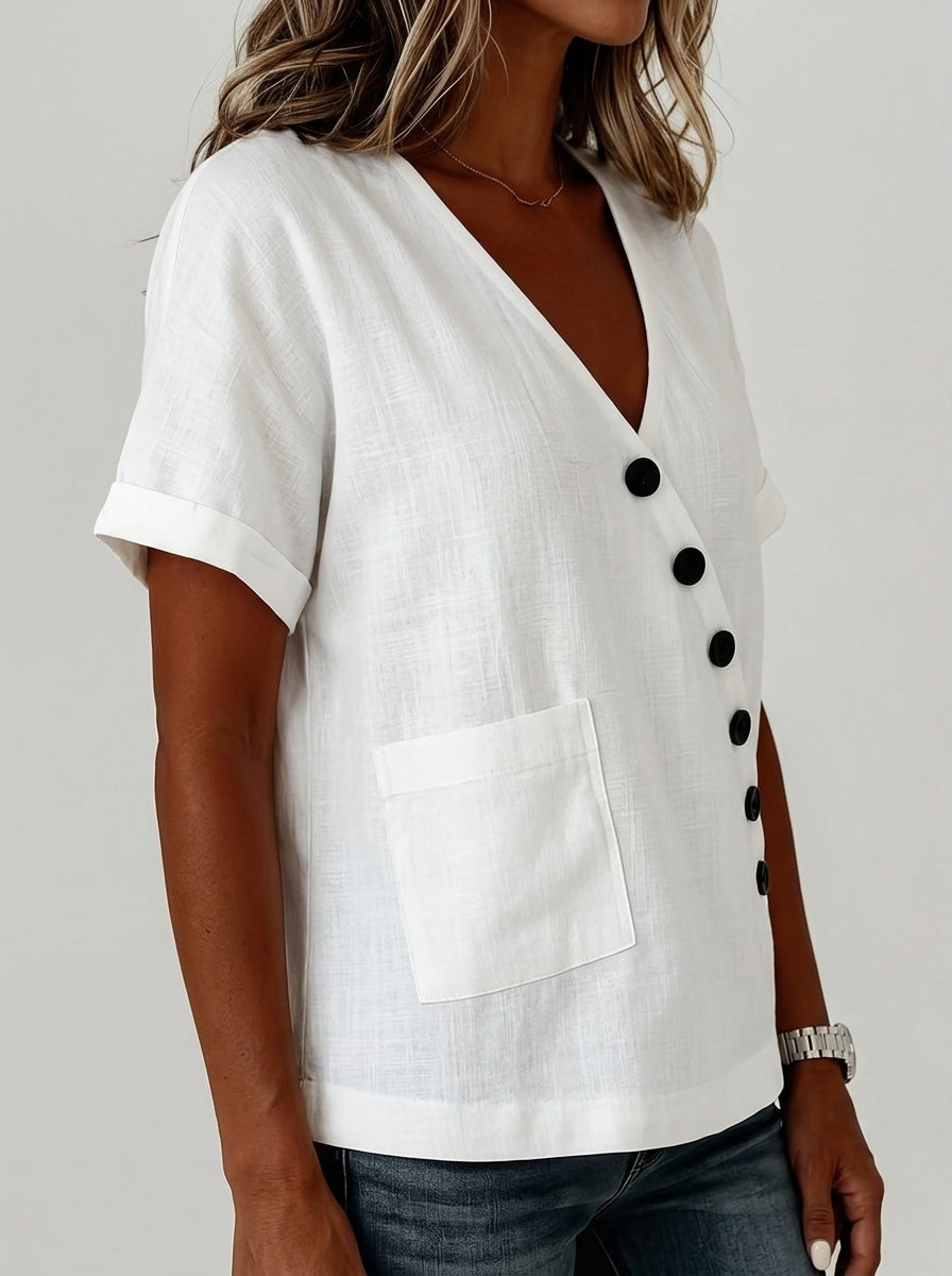 White Asymmetric Button Blouse - V-Neck Patch Pocket Casual Top