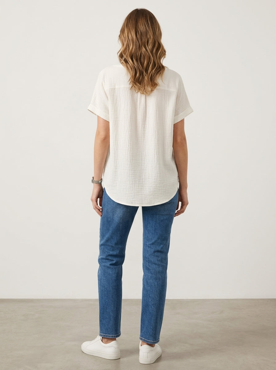 White Collared Button-Front Blouse - Casual Cotton Short Sleeve Top