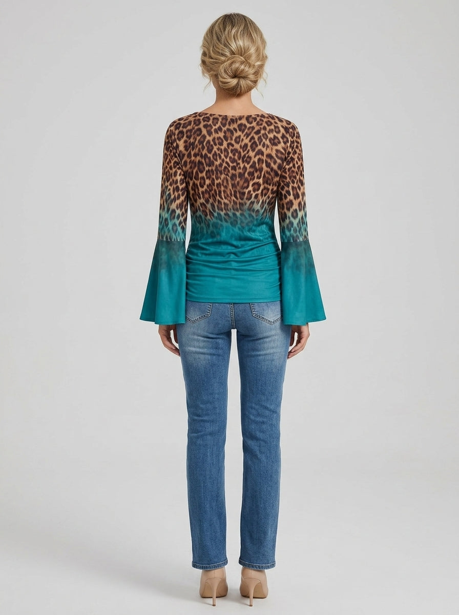 Leopard Print Ombre Cowl Neck Top - Teal Bell Sleeve Blouse
