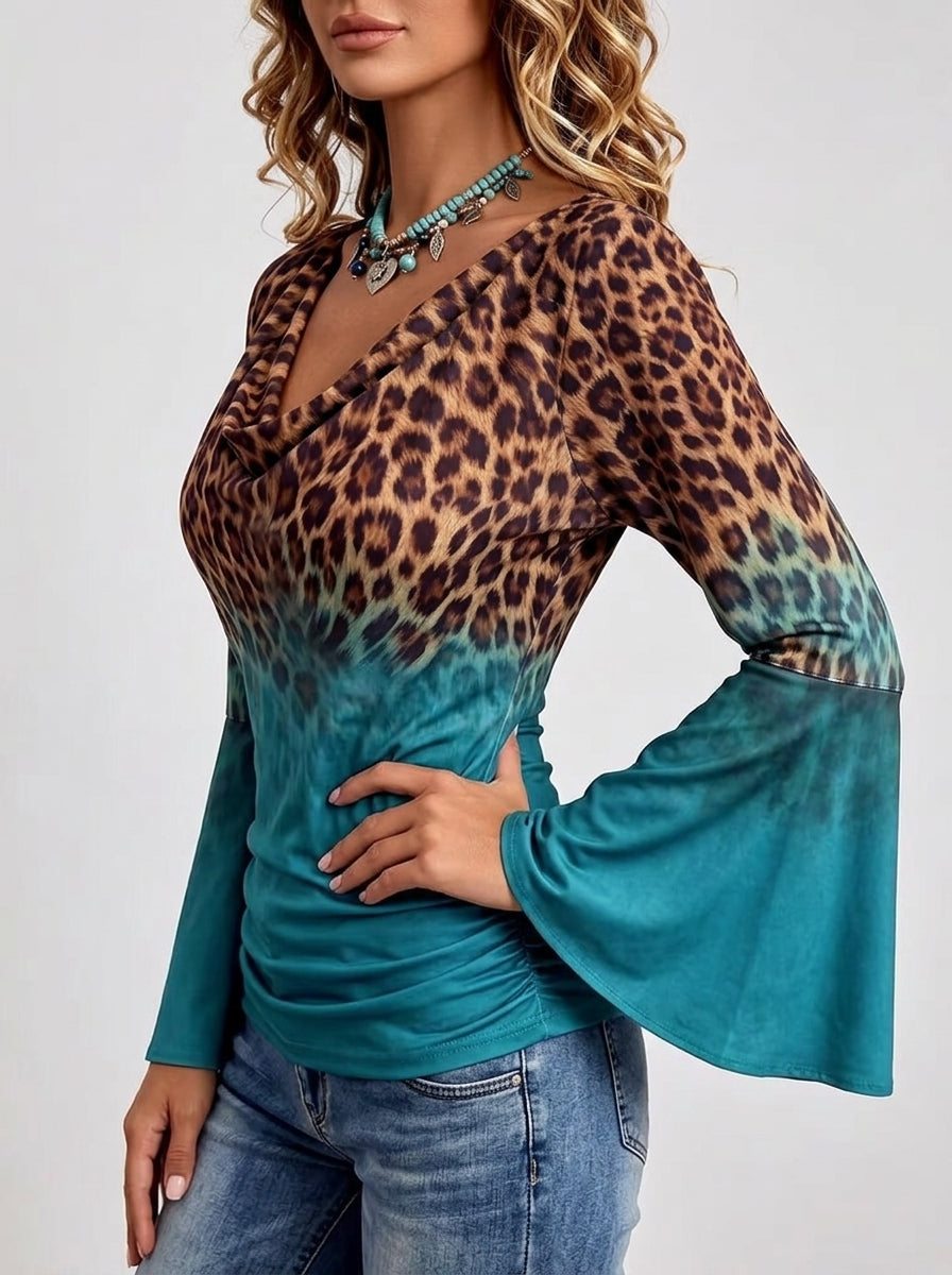Leopard Print Ombre Cowl Neck Top - Teal Bell Sleeve Blouse