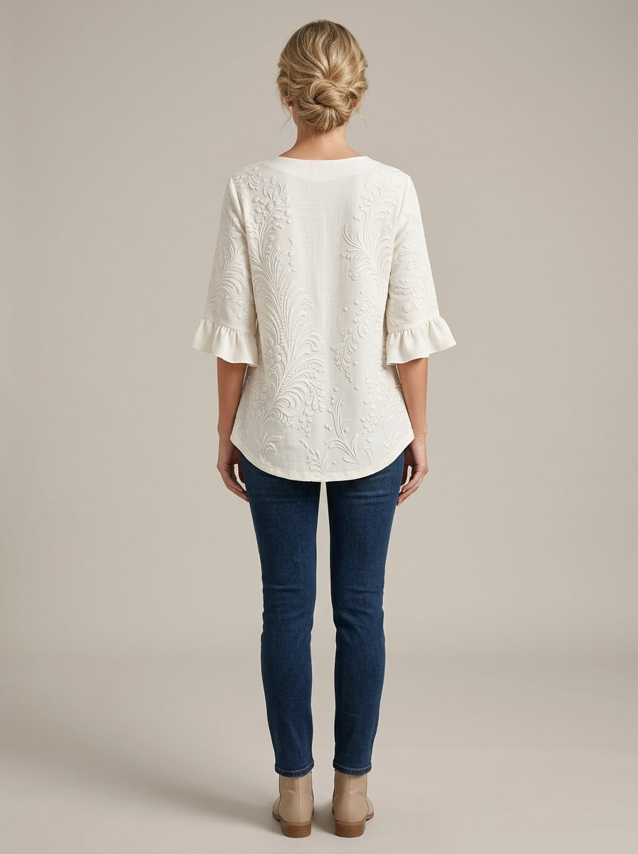 White Tonal Damask Print Blouse - Wood Button Ruffle Sleeve V-Neck