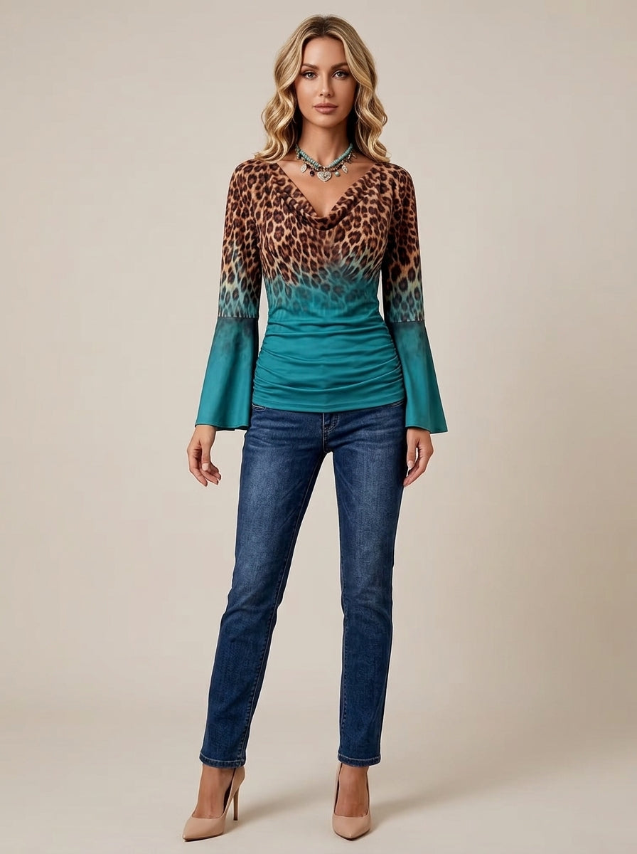 Leopard Print Ombre Cowl Neck Top - Teal Bell Sleeve Blouse
