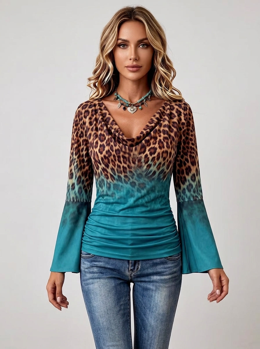 Leopard Print Ombre Cowl Neck Top - Teal Bell Sleeve Blouse