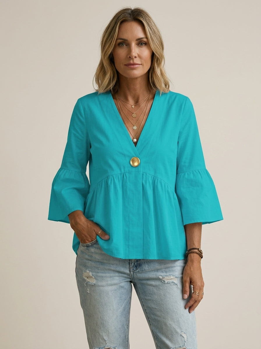 Casual Relaxed V-Neck Peplum Top in Turquoise - Bell Sleeve Single-Button Blouse