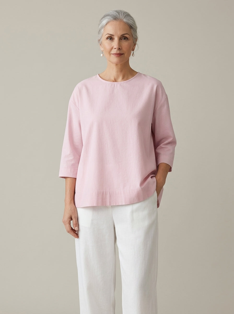 Elegant Cotton Open-Back Blouse in Blush Pink - Round Neck Keyhole Cutout Top