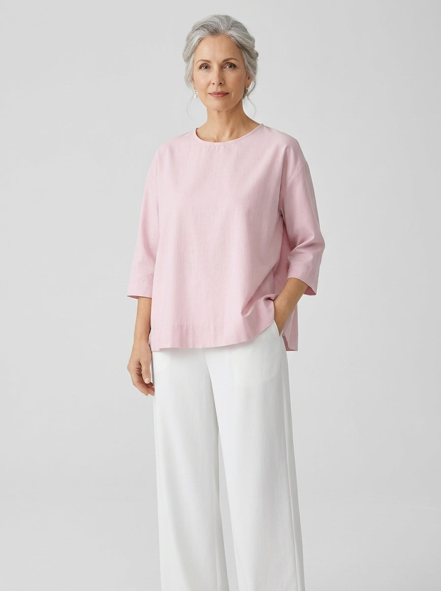 Elegant Cotton Open-Back Blouse in Blush Pink - Round Neck Keyhole Cutout Top
