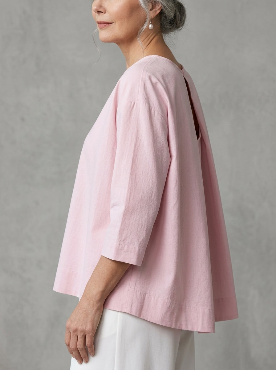 Elegant Cotton Open-Back Blouse in Blush Pink - Round Neck Keyhole Cutout Top