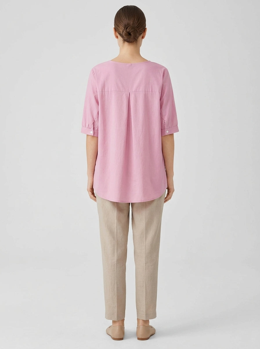 Versatile Embroidered Blouse - Pink V-Neck Half Sleeve Loose Top