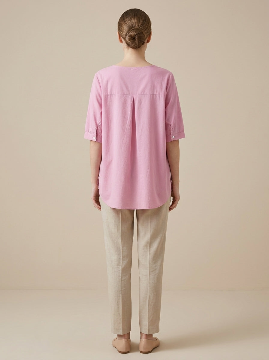 Versatile Embroidered Blouse - Pink V-Neck Half Sleeve Loose Top