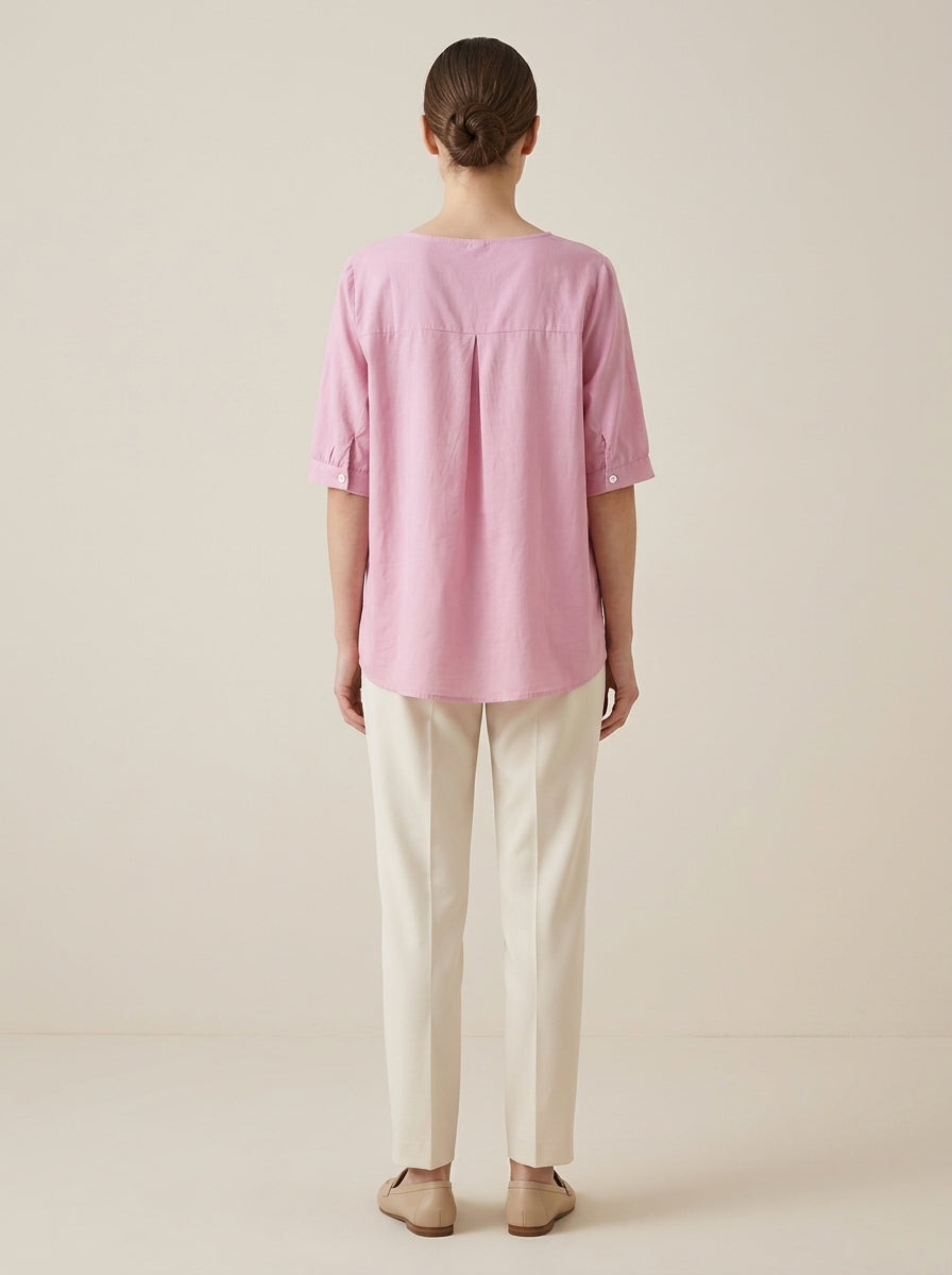 Versatile Embroidered Blouse - Pink V-Neck Half Sleeve Loose Top