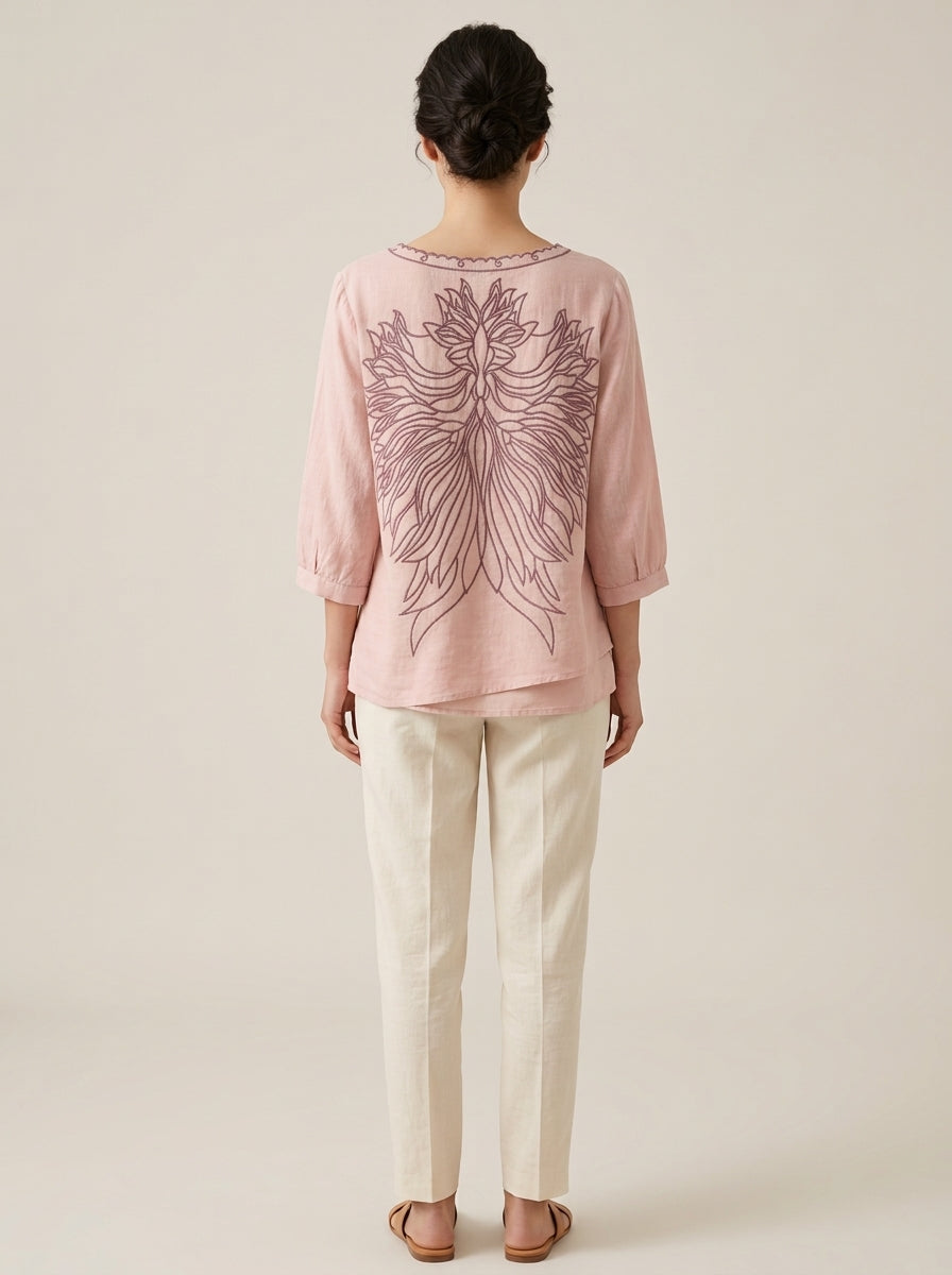 Boho Casual Cotton Blouse - Pink Embroidered V-Neck 3/4 Sleeve Top