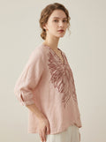 Boho Casual Cotton Blouse - Pink Embroidered V-Neck 3/4 Sleeve Top