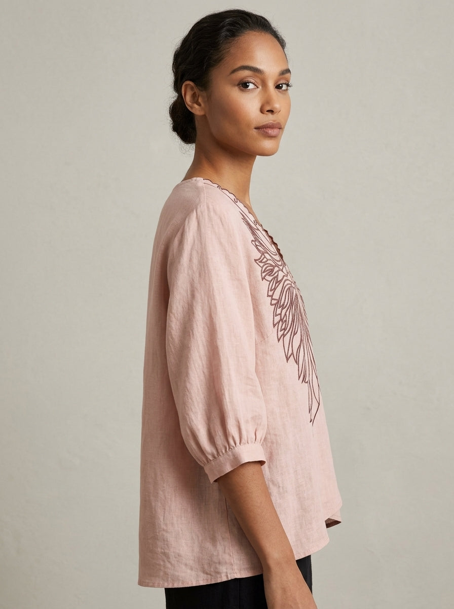 Boho Casual Cotton Blouse - Pink Embroidered V-Neck 3/4 Sleeve Top