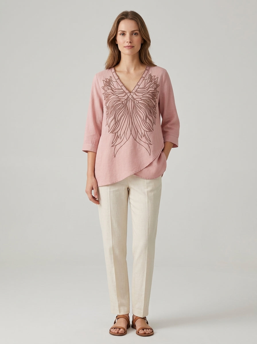 Boho Casual Cotton Blouse - Pink Embroidered V-Neck 3/4 Sleeve Top