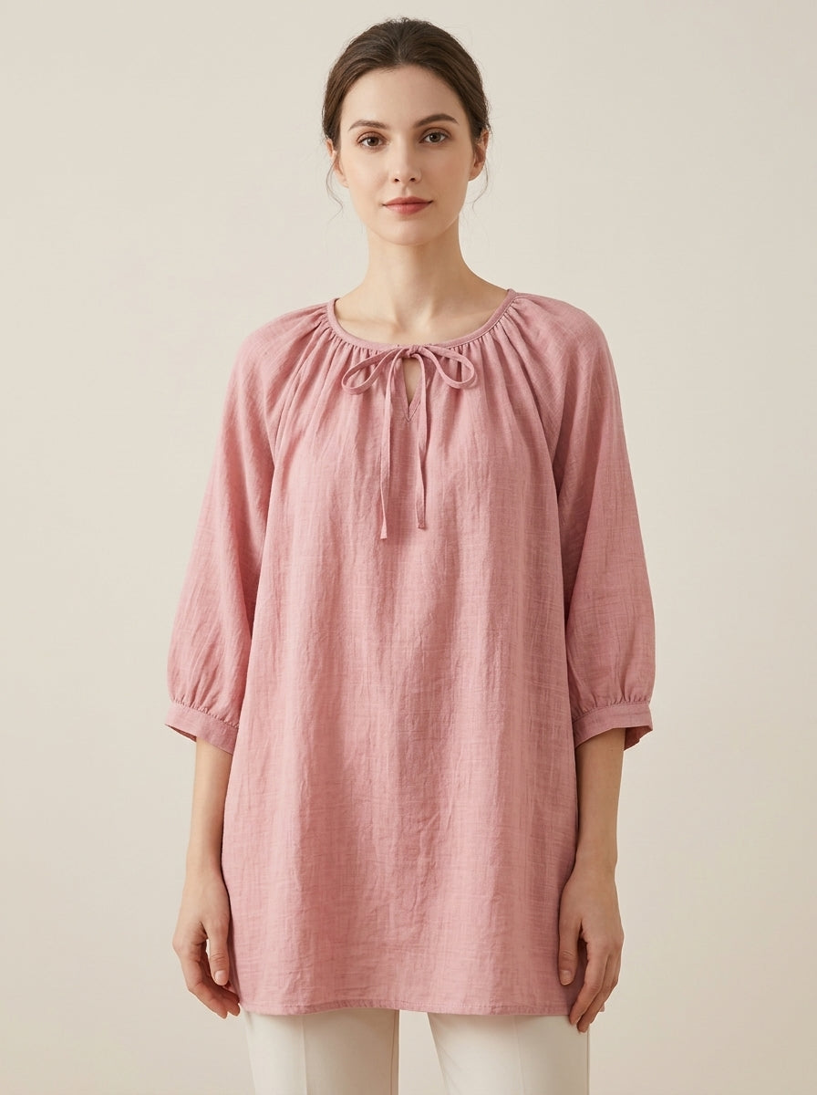 Loose Casual Cotton Blouse - Pink Tie-Neck 3/4 Sleeve Top
