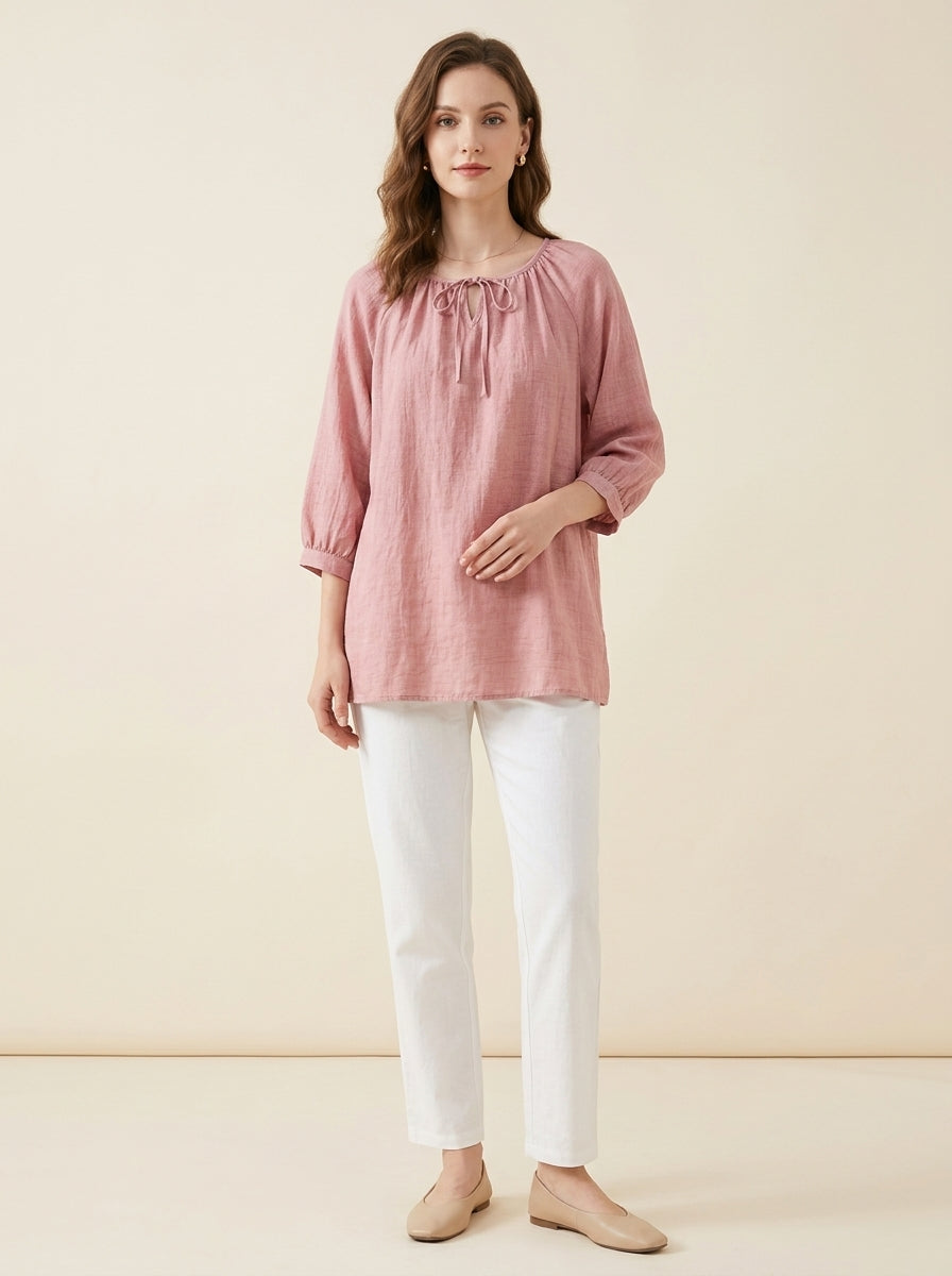 Loose Casual Cotton Blouse - Pink Tie-Neck 3/4 Sleeve Top