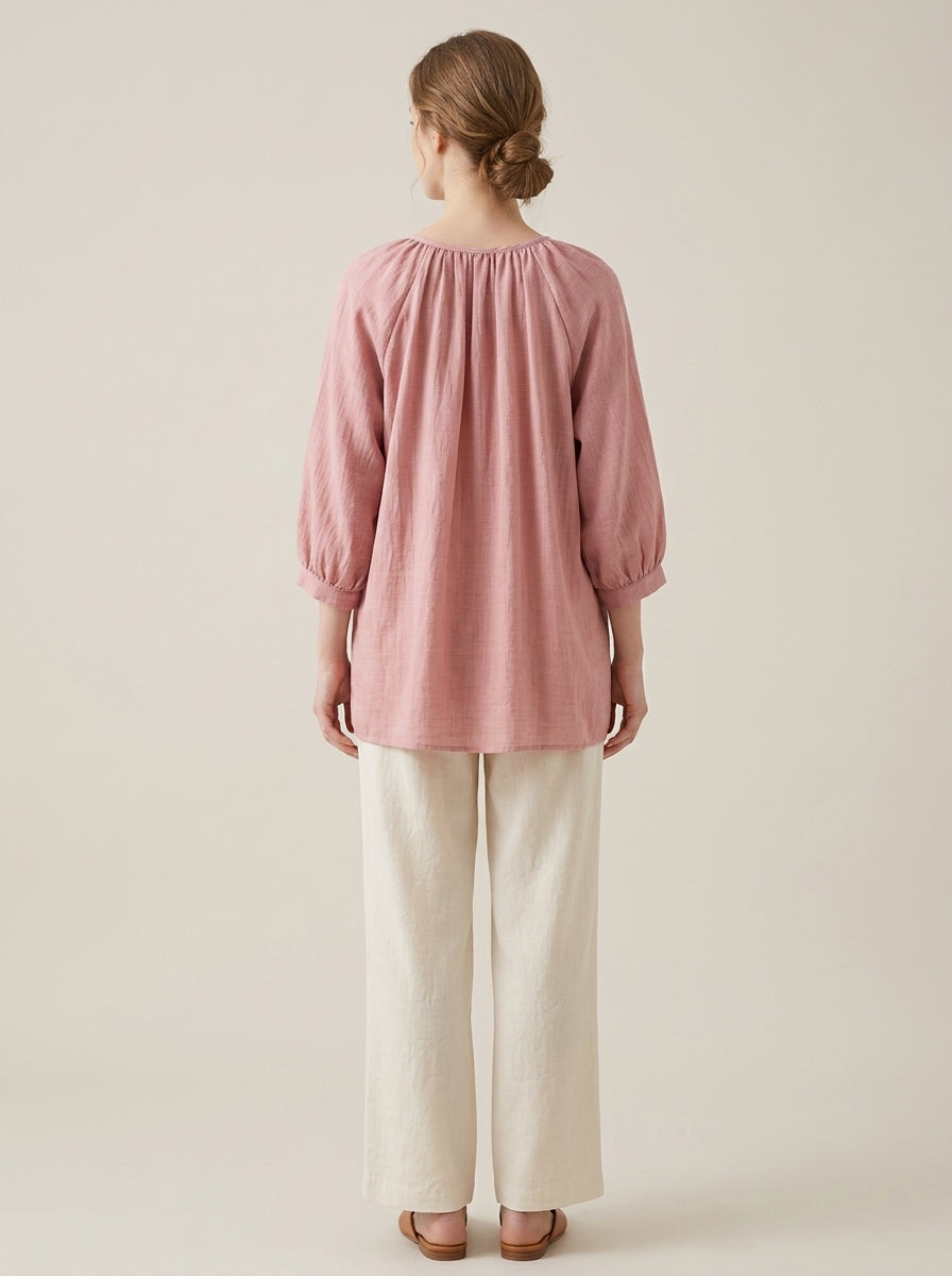 Loose Casual Cotton Blouse - Pink Tie-Neck 3/4 Sleeve Top