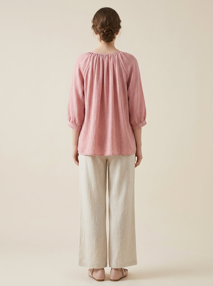 Loose Casual Cotton Blouse - Pink Tie-Neck 3/4 Sleeve Top