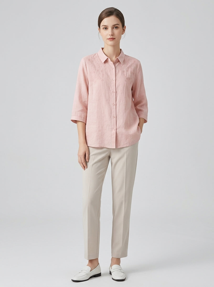 Retro Loose Cotton Shirt - Pink Embroidered Collar 3/4 Sleeve Top
