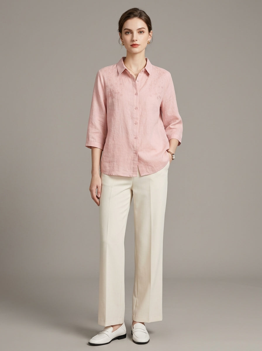 Retro Loose Cotton Shirt - Pink Embroidered Collar 3/4 Sleeve Top