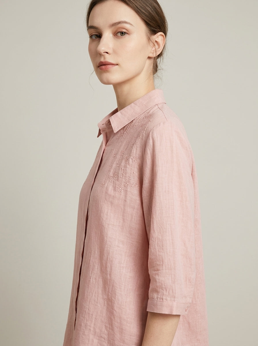 Retro Loose Cotton Shirt - Pink Embroidered Collar 3/4 Sleeve Top