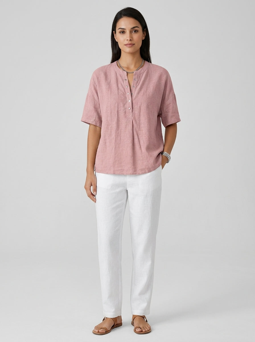 Casual Cotton Linen Henley Top in Dusty Pink - Snap-Button Short Sleeve Blouse