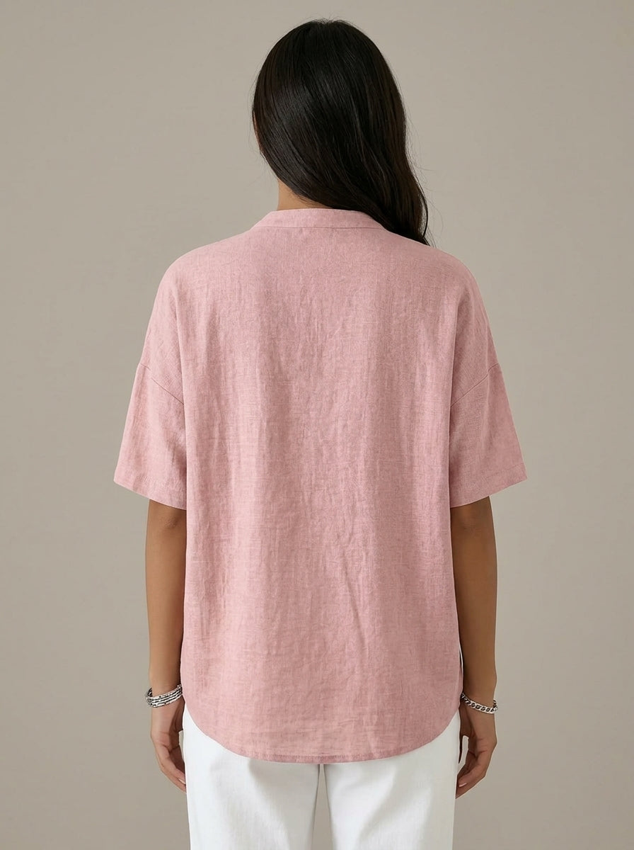 Casual Cotton Linen Henley Top in Dusty Pink - Snap-Button Short Sleeve Blouse