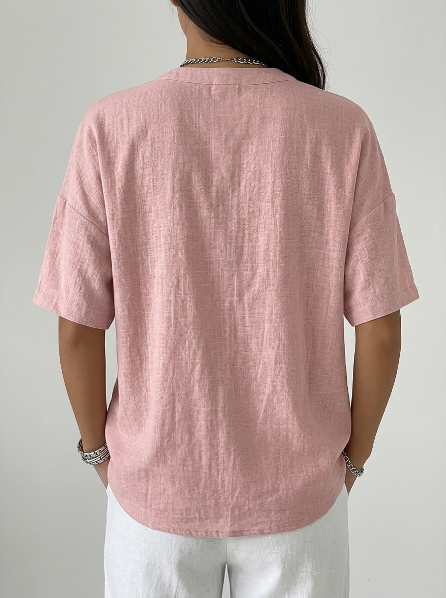 Casual Cotton Linen Henley Top in Dusty Pink - Snap-Button Short Sleeve Blouse