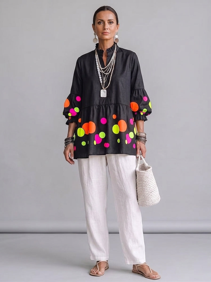 Neon Polka Dot Peplum Tunic - Black Ruffle V-Neck Bishop Sleeve Blouse