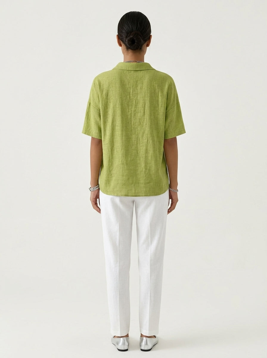 Casual Cotton Linen Snap-Button Polo Top in Chartreuse Green - Short Sleeve Relaxed Fit Polo