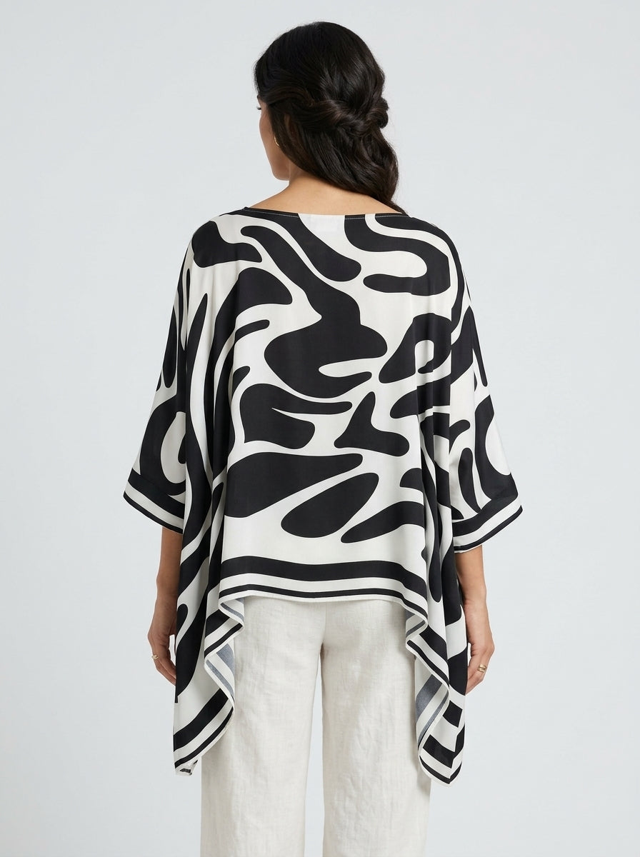 Casual Abstract Swirl Print Asymmetric Hem Top in Black and White - Round Neck Long Sleeve Blouse