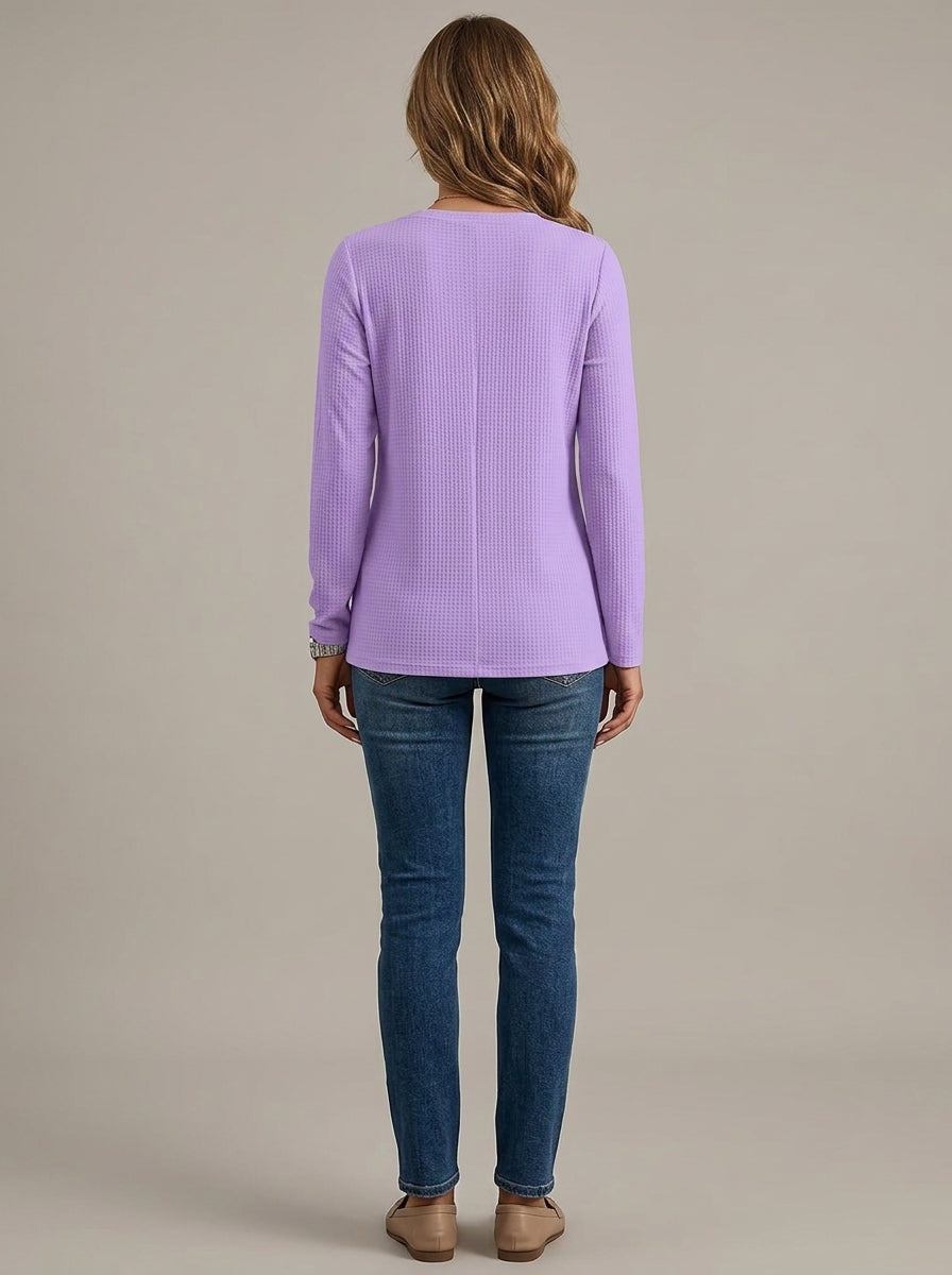 Lace Insert V-Neck Long Sleeve Top - Purple Scalloped Crochet Trim Blouse