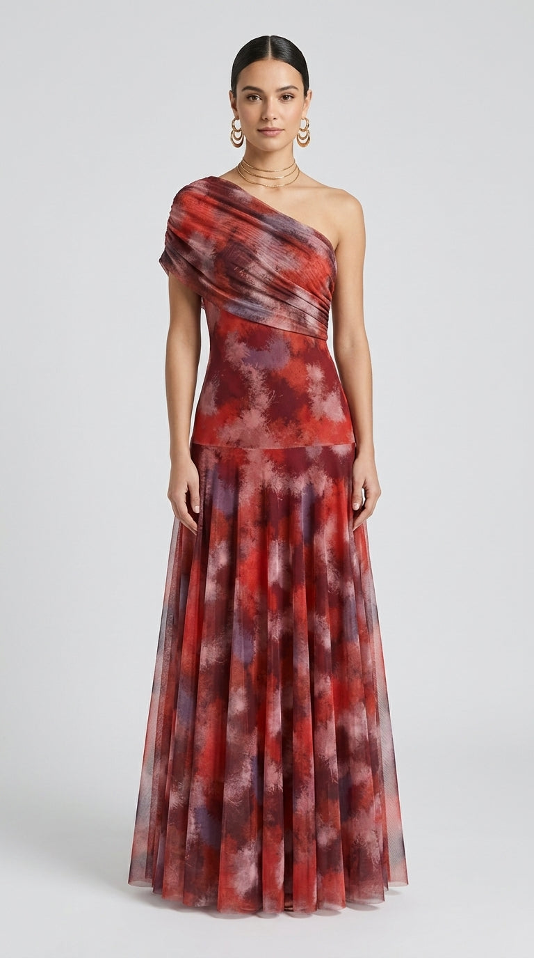 Toledo Dress Printed in Red - One-Shoulder Tie-Dye Maxi Dress