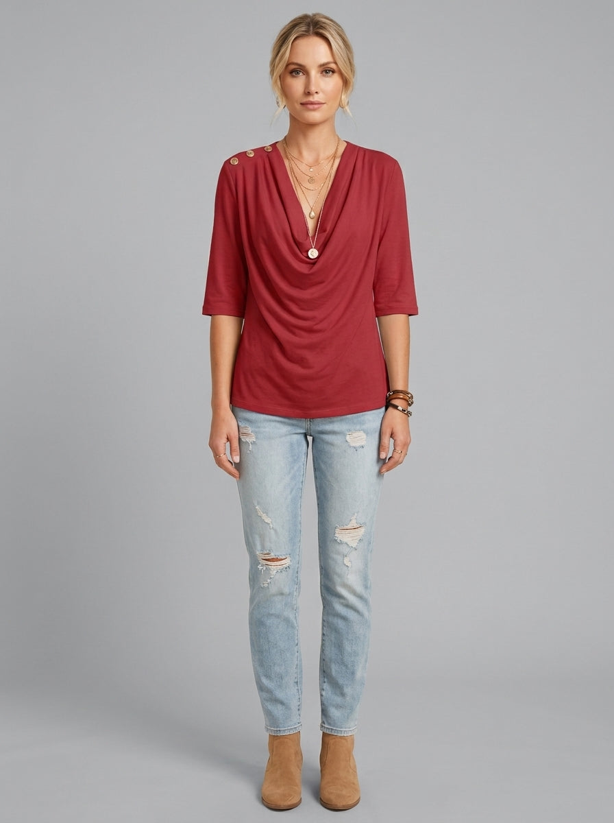 Elegant Cotton Blend Top - Red Cowl Neck Button-Shoulder Blouse