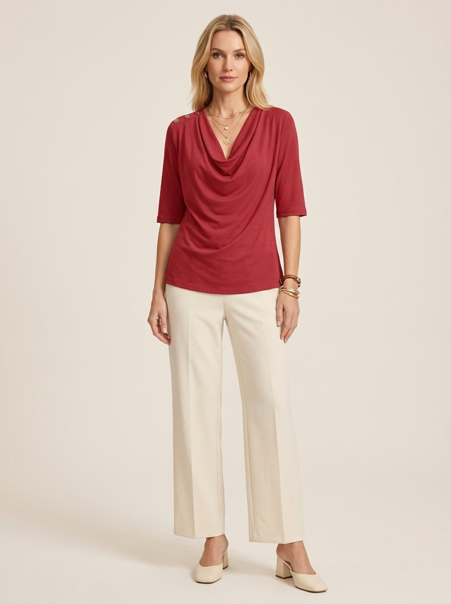 Elegant Cotton Blend Top - Red Cowl Neck Button-Shoulder Blouse