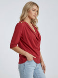 Elegant Cotton Blend Top - Red Cowl Neck Button-Shoulder Blouse