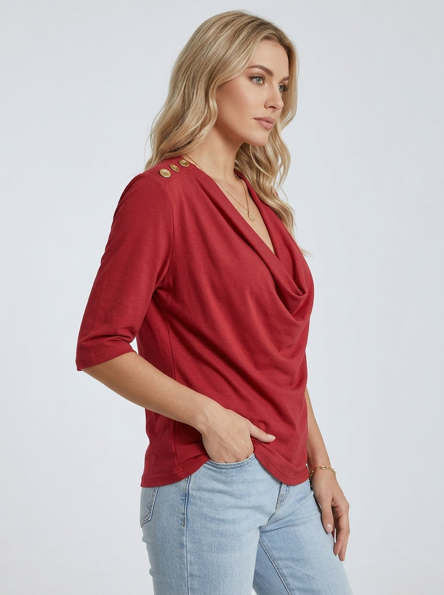 Elegant Cotton Blend Top - Red Cowl Neck Button-Shoulder Blouse