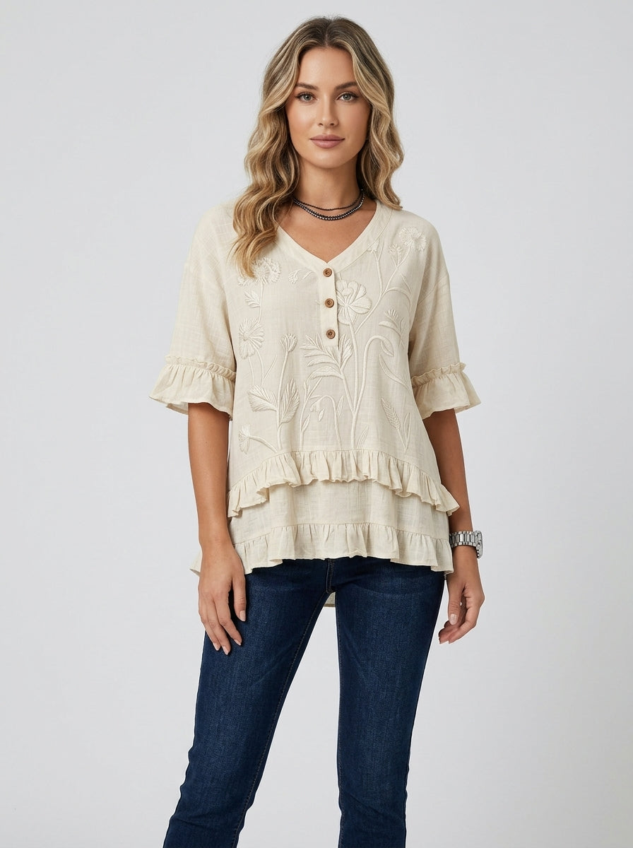 Retro Floral Embroidered V-Neck Ruffle Blouse in Cream - Button Placket 3/4 Sleeve Top