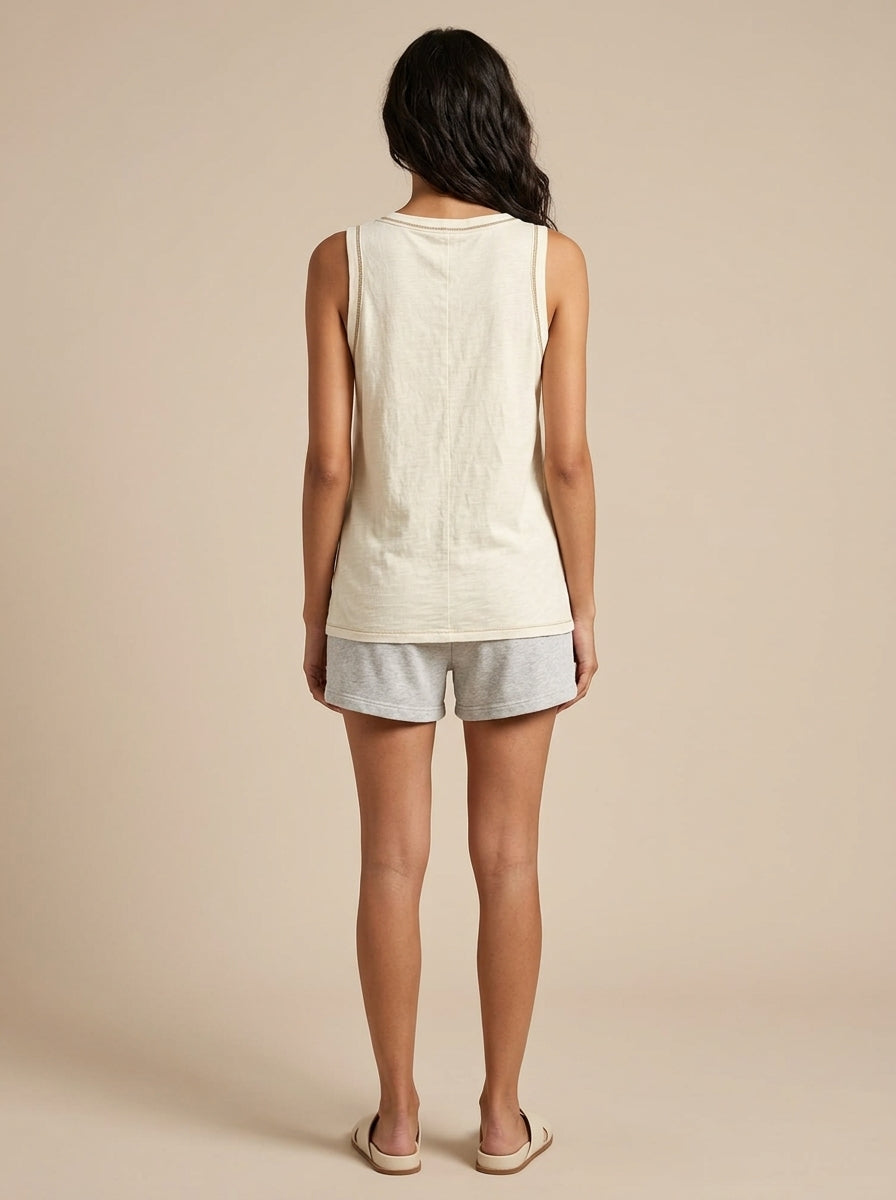 Cream Contrast Stitch Henley Tank - Cotton Linen Button Placket Top