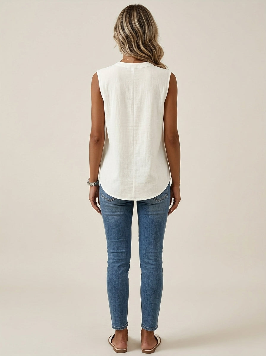 White Contrast Stitch Henley - Sleeveless Mandarin Collar Casual Top
