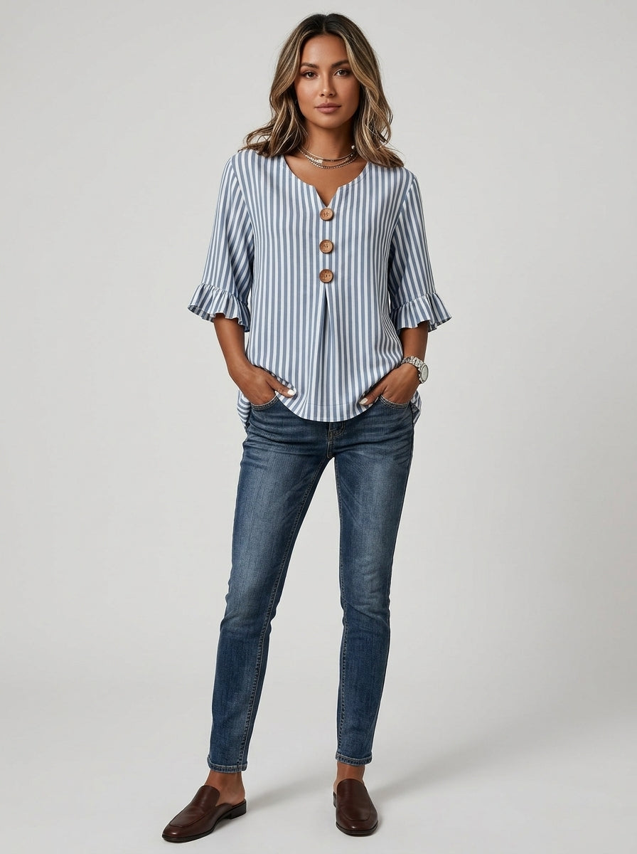 Blue Striped Blouse - Wood Button Ruffle Sleeve V-Neck Casual Top