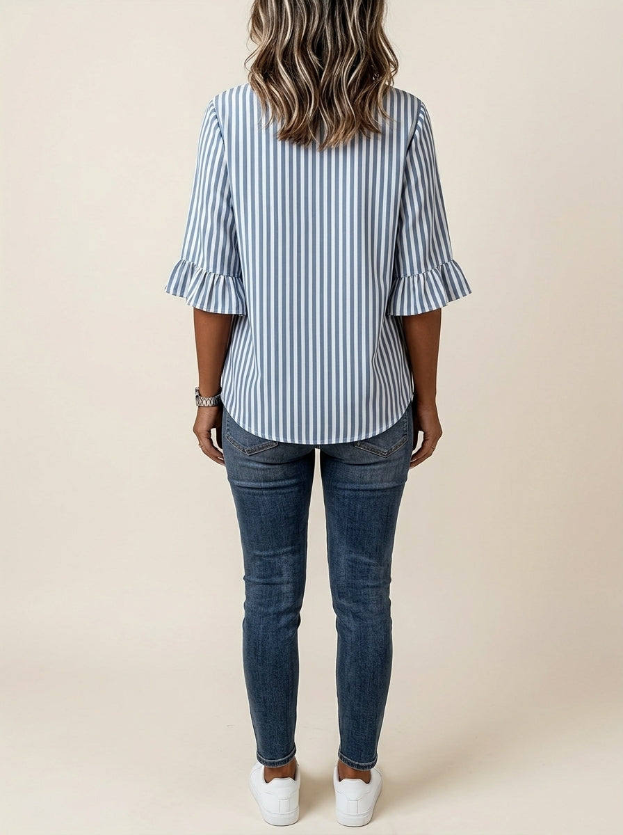Blue Striped Blouse - Wood Button Ruffle Sleeve V-Neck Casual Top
