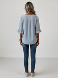 Blue Striped Blouse - Wood Button Ruffle Sleeve V-Neck Casual Top