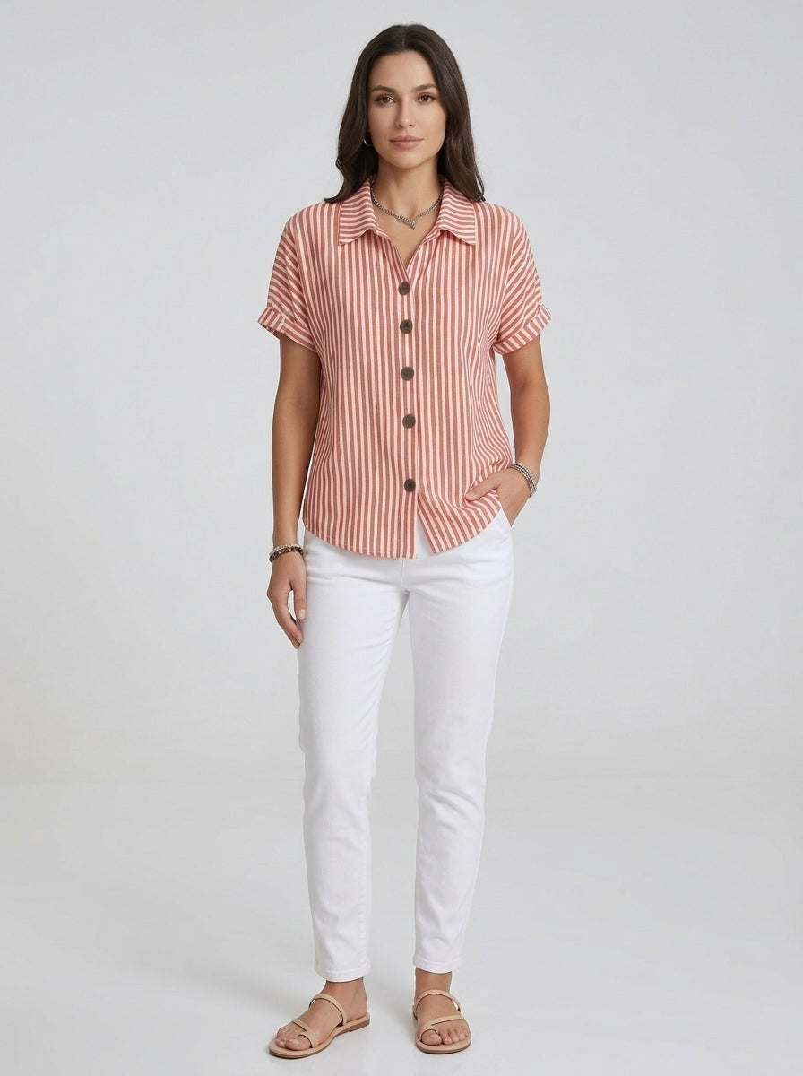 Classic Cotton Striped Button-Up Shirt - Red White Short Sleeve Top