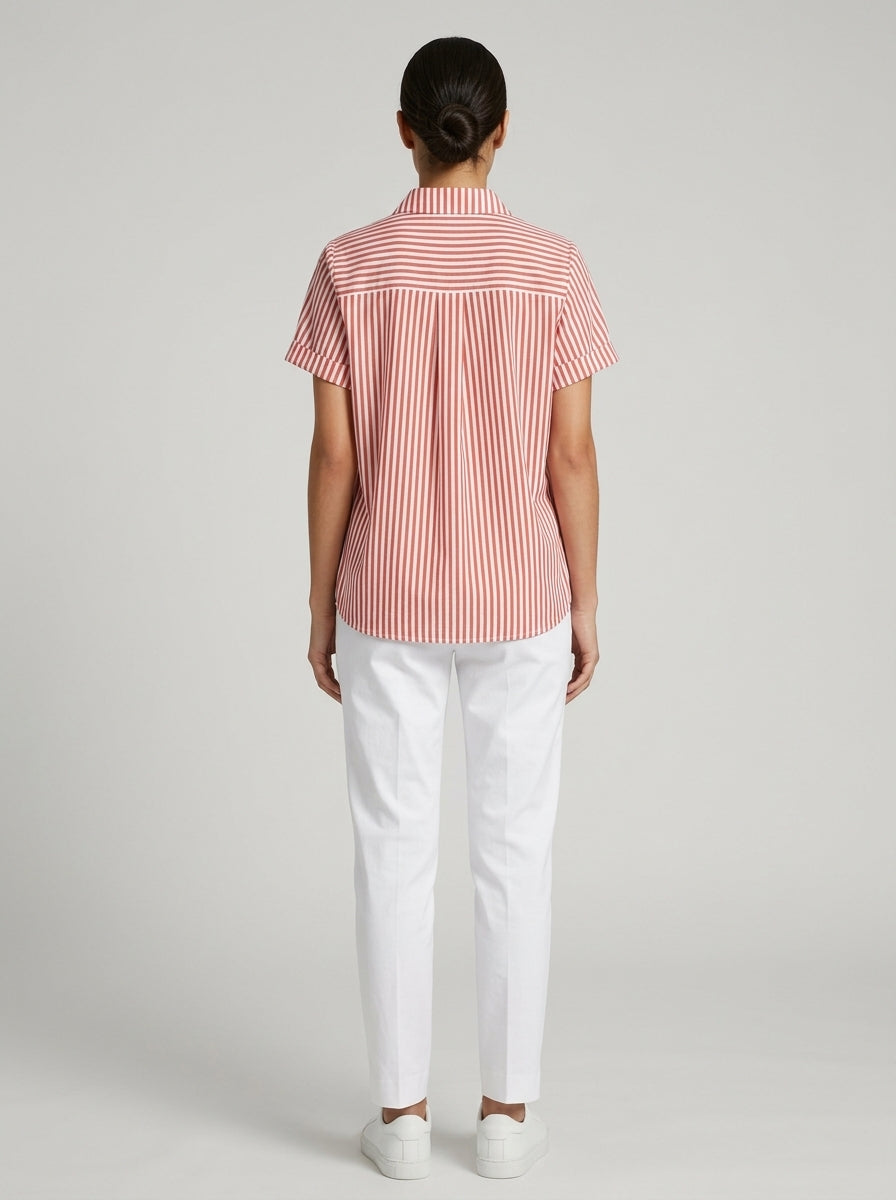 Classic Cotton Striped Button-Up Shirt - Red White Short Sleeve Top