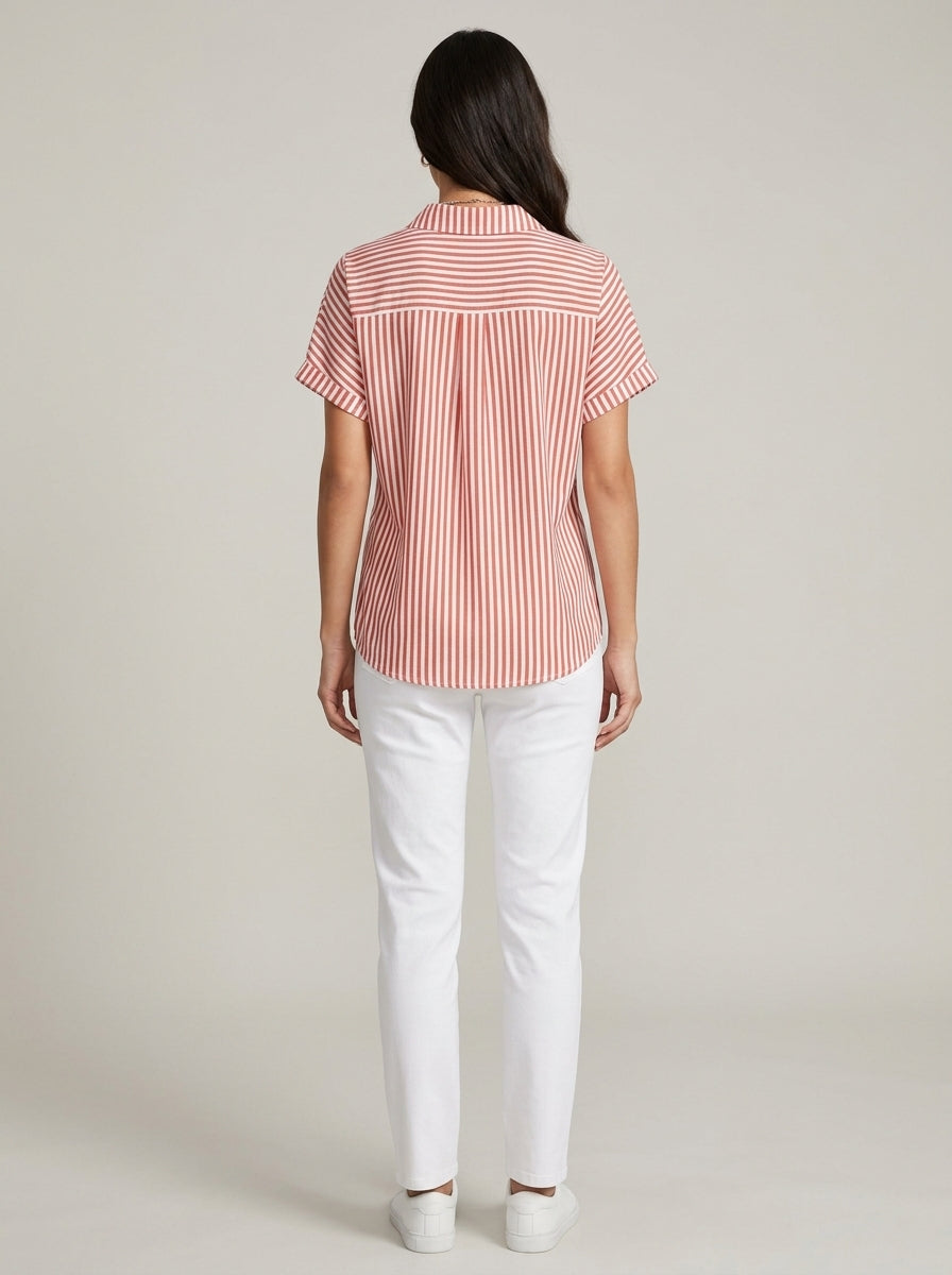 Classic Cotton Striped Button-Up Shirt - Red White Short Sleeve Top